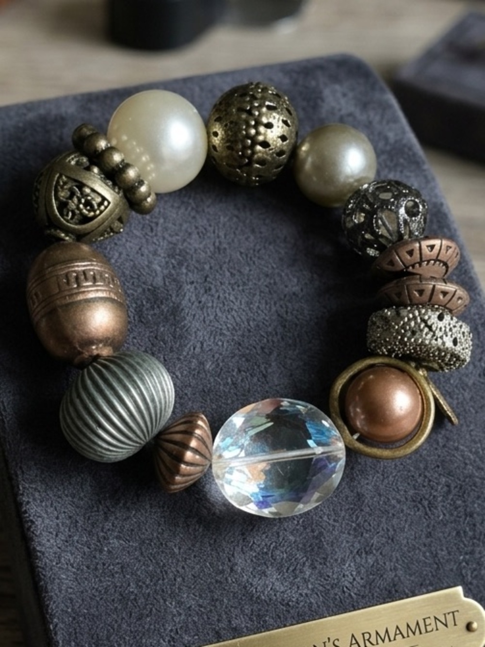 Treska Mixed Metal and Glass Bead Stretch Bracelet - Bronze, Pearl & Aqua
